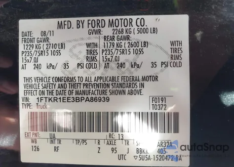 2011 Ford Ranger Sport из США, поврежденный, VIN 1FTKR1EE3BPA86939